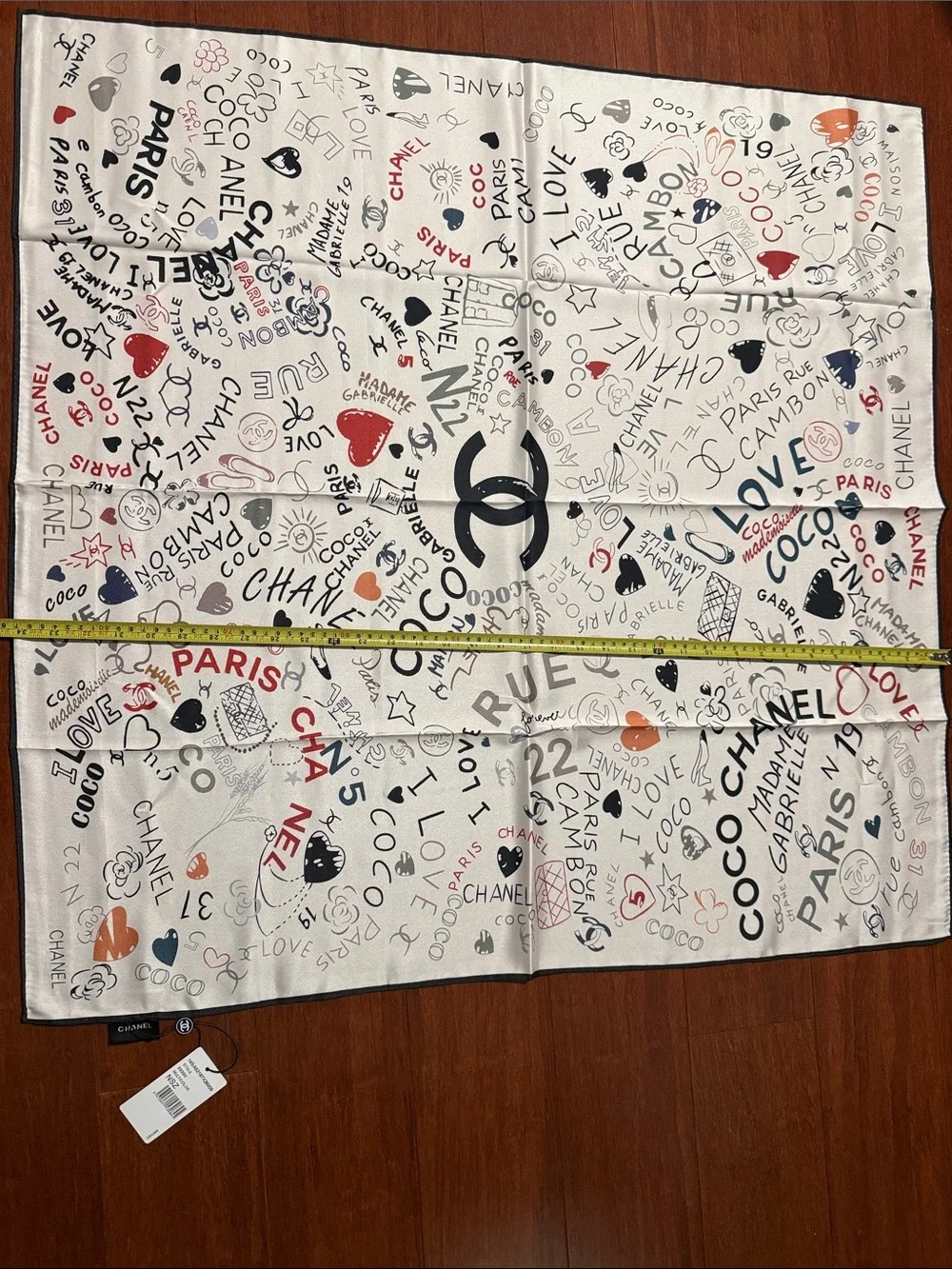 New Chanel White Silk Square Scarf with Multicolor Doodle Motifs